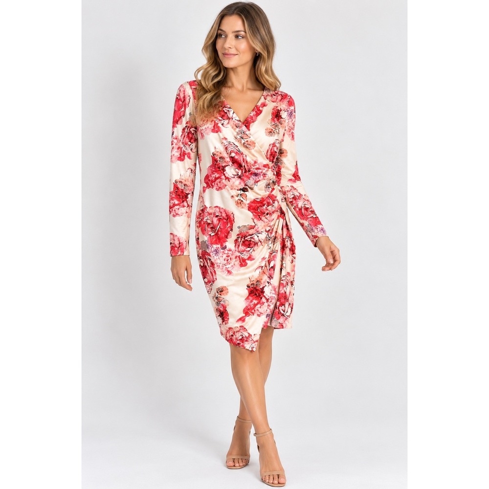 Han Queen Red Floral Long Sleeve Wrap Faux Ruched Asymmetrical Sheath Dress M